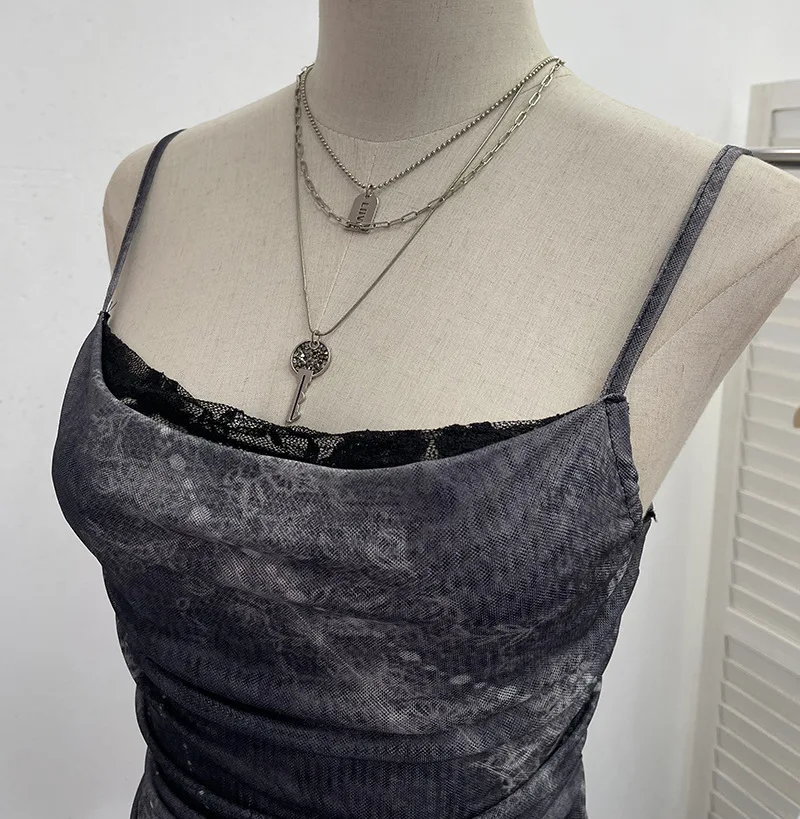 ISAROSE Summer Y2K Camisole for Women Casual Spaghetti Straps Double Layers Lace Stretch Mesh Patchwork Asymmetrical Slim Tops