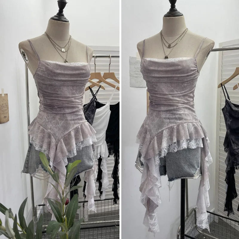 ISAROSE Summer Y2K Camisole for Women Casual Spaghetti Straps Double Layers Lace Stretch Mesh Patchwork Asymmetrical Slim Tops