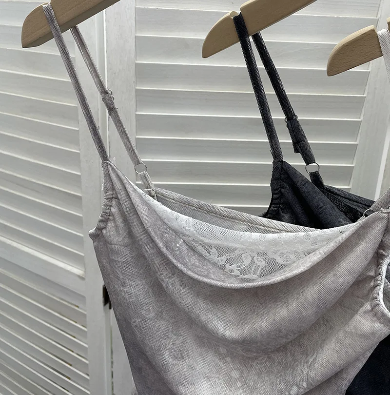 ISAROSE Summer Y2K Camisole for Women Casual Spaghetti Straps Double Layers Lace Stretch Mesh Patchwork Asymmetrical Slim Tops