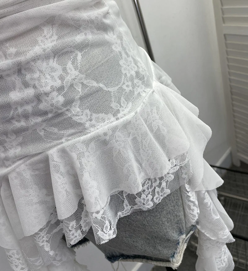 ISAROSE Summer Y2K Camisole for Women Casual Spaghetti Straps Double Layers Lace Stretch Mesh Patchwork Asymmetrical Slim Tops