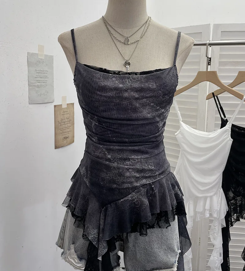 ISAROSE Summer Y2K Camisole for Women Casual Spaghetti Straps Double Layers Lace Stretch Mesh Patchwork Asymmetrical Slim Tops