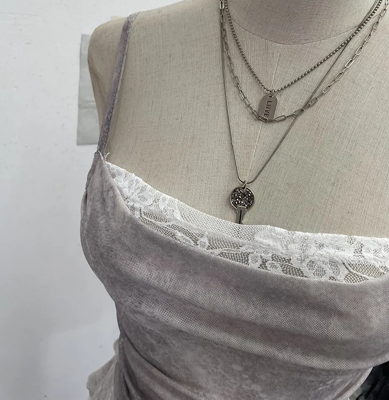 ISAROSE Summer Y2K Camisole for Women Casual Spaghetti Straps Double Layers Lace Stretch Mesh Patchwork Asymmetrical Slim Tops