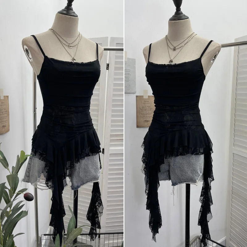 ISAROSE Summer Y2K Camisole for Women Casual Spaghetti Straps Double Layers Lace Stretch Mesh Patchwork Asymmetrical Slim Tops