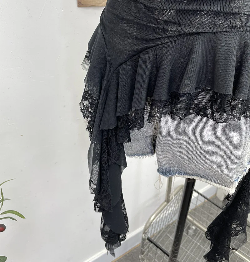 ISAROSE Summer Y2K Camisole for Women Casual Spaghetti Straps Double Layers Lace Stretch Mesh Patchwork Asymmetrical Slim Tops