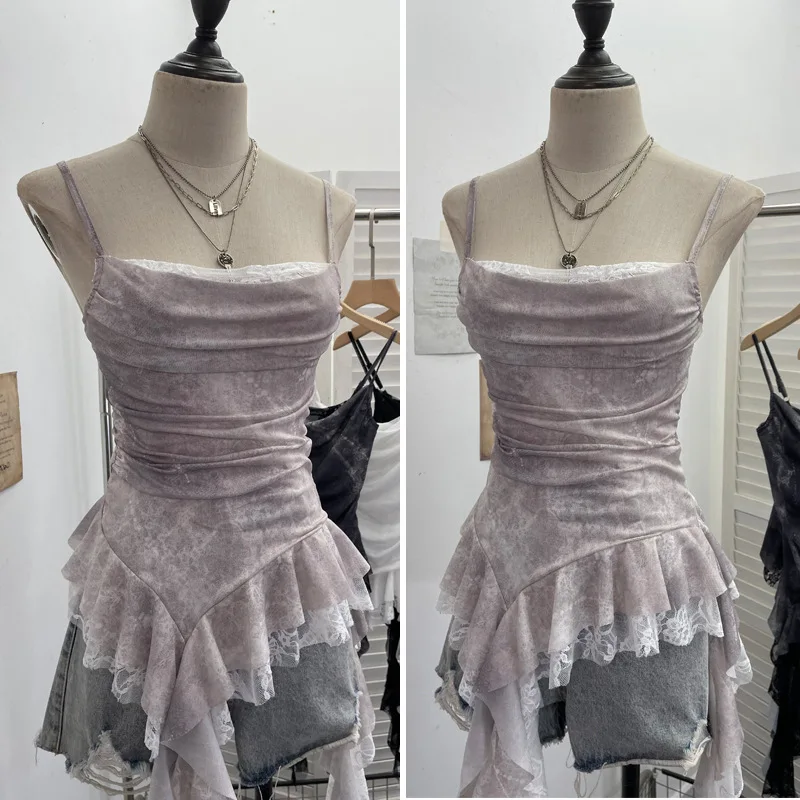 ISAROSE Summer Y2K Camisole for Women Casual Spaghetti Straps Double Layers Lace Stretch Mesh Patchwork Asymmetrical Slim Tops