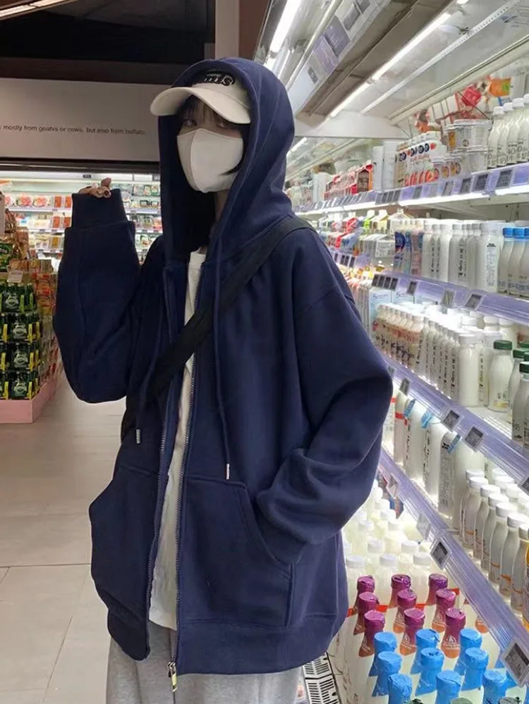 Oversize Women's Sweatshirts Autumn Casual Korean Long Sleeve Hooded Zip-up Y2k Hoodies Streetwear Harajuku Female Clothes Black