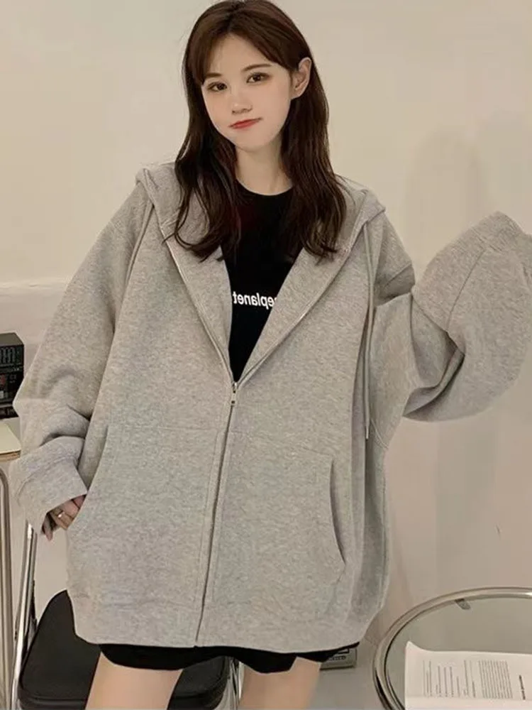 Oversize Women's Sweatshirts Autumn Casual Korean Long Sleeve Hooded Zip-up Y2k Hoodies Streetwear Harajuku Female Clothes Black