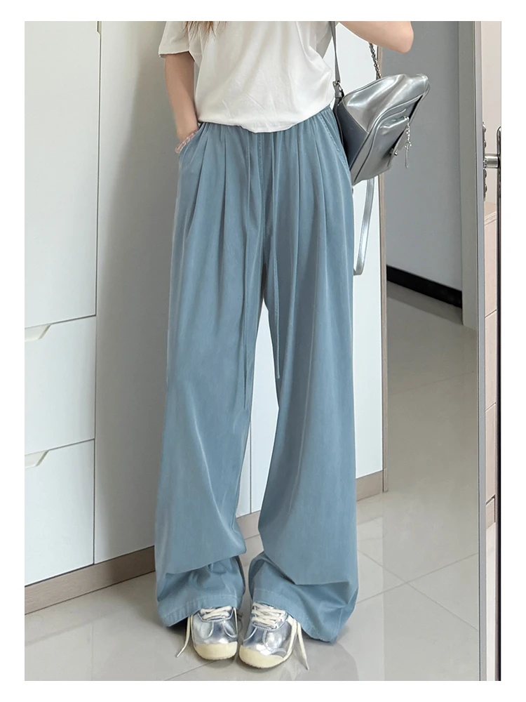 Women's Straight-Leg Denim Jeans, Lyocell Fabric Elastic-Waist Loose-Fit Trousers, Commute Slimming Wide-Leg Pants