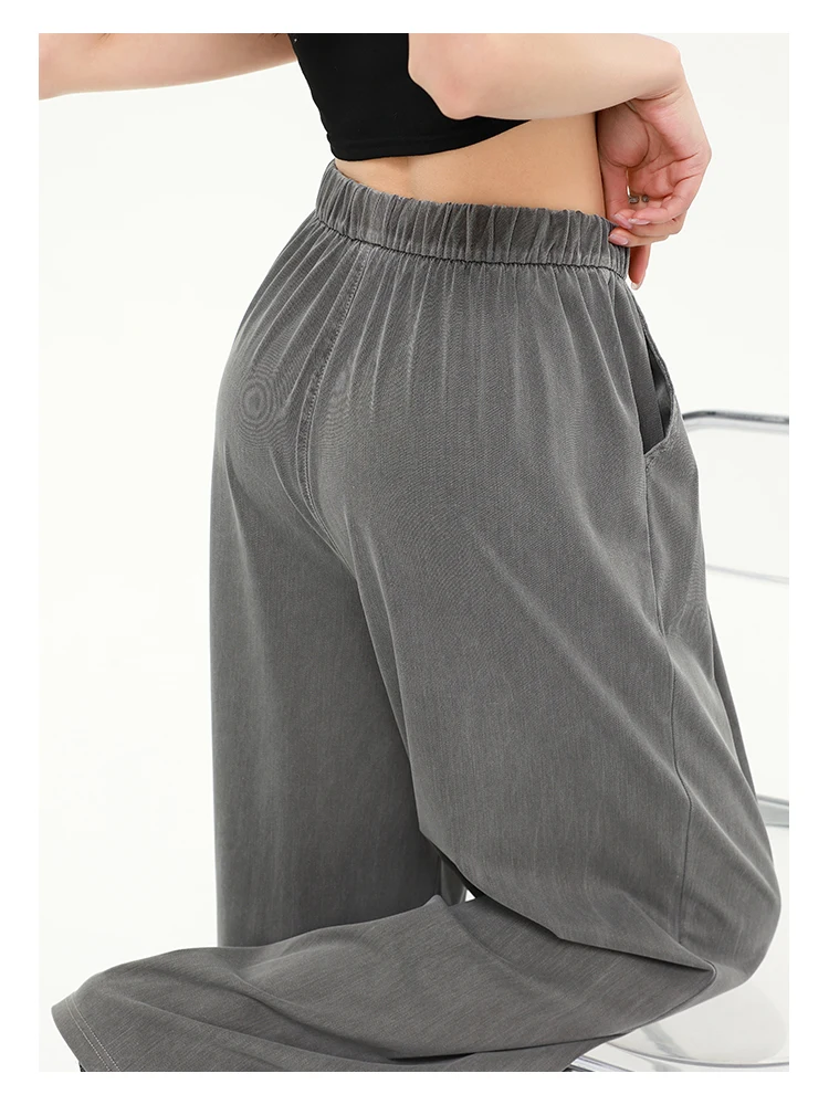 Women's Straight-Leg Denim Jeans, Lyocell Fabric Elastic-Waist Loose-Fit Trousers, Commute Slimming Wide-Leg Pants