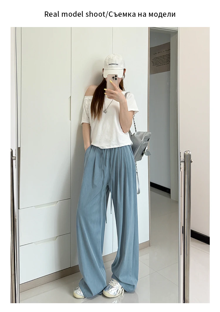 Women's Straight-Leg Denim Jeans, Lyocell Fabric Elastic-Waist Loose-Fit Trousers, Commute Slimming Wide-Leg Pants