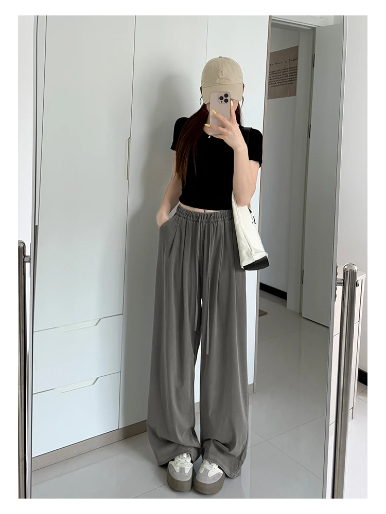 Women's Straight-Leg Denim Jeans, Lyocell Fabric Elastic-Waist Loose-Fit Trousers, Commute Slimming Wide-Leg Pants