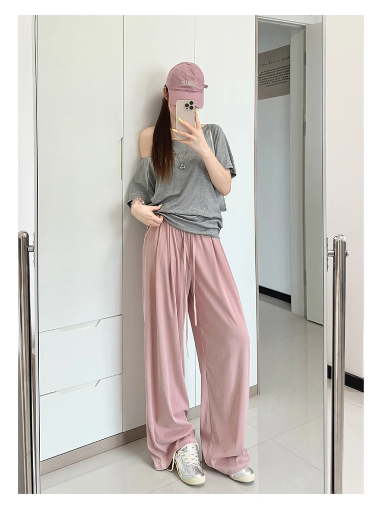 Women's Straight-Leg Denim Jeans, Lyocell Fabric Elastic-Waist Loose-Fit Trousers, Commute Slimming Wide-Leg Pants