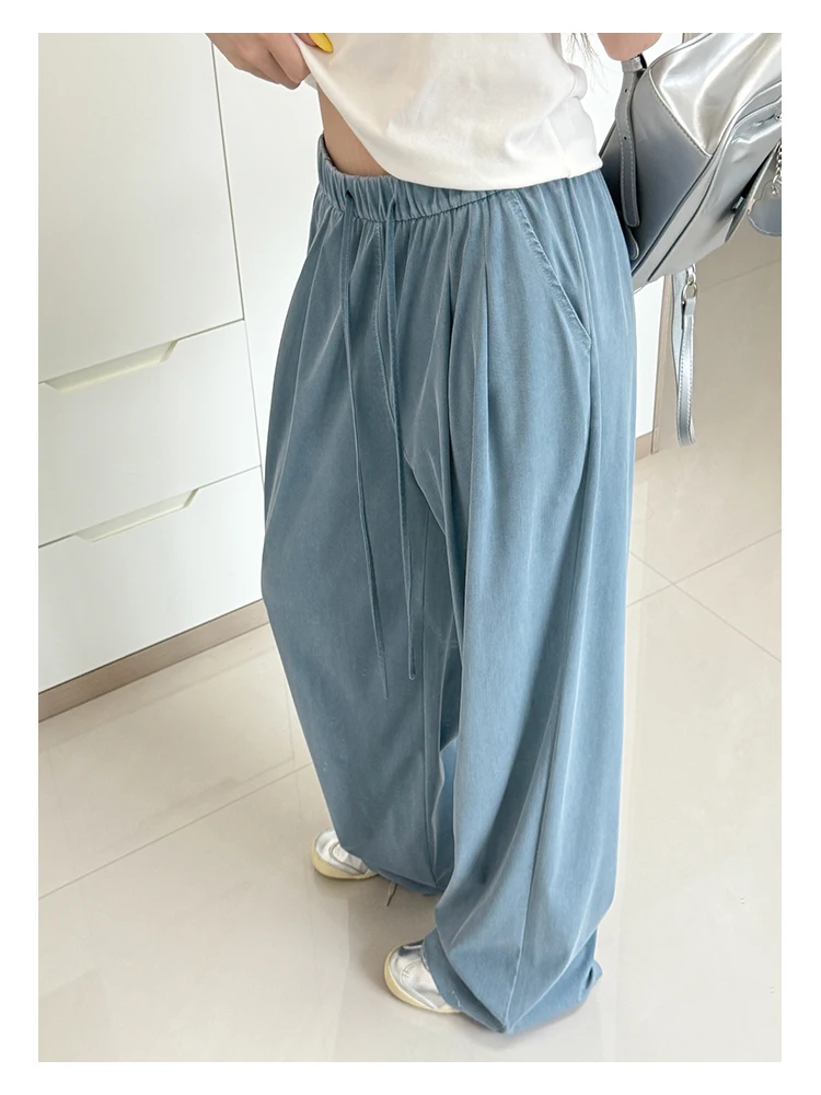 Women's Straight-Leg Denim Jeans, Lyocell Fabric Elastic-Waist Loose-Fit Trousers, Commute Slimming Wide-Leg Pants