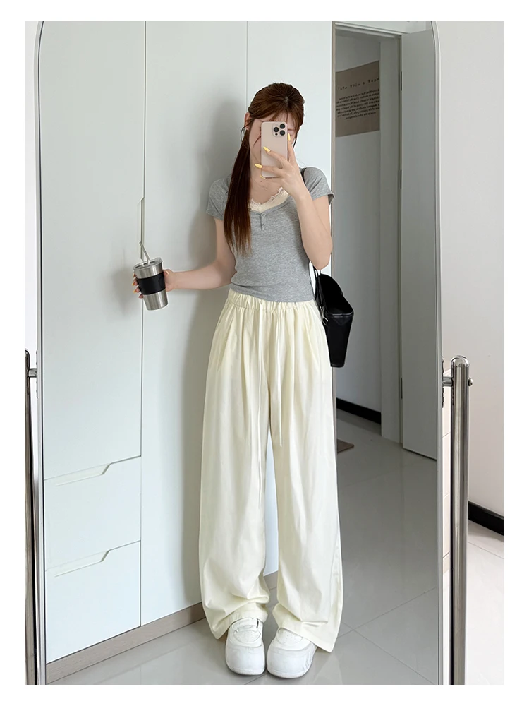 Women's Straight-Leg Denim Jeans, Lyocell Fabric Elastic-Waist Loose-Fit Trousers, Commute Slimming Wide-Leg Pants