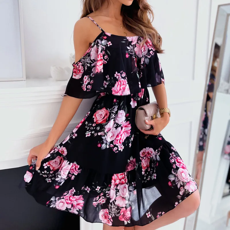 Women's Summer V-Neck Sleeveless Sling Camisole Commuting Printed Chiffon Bohemian Floral Dress For Women