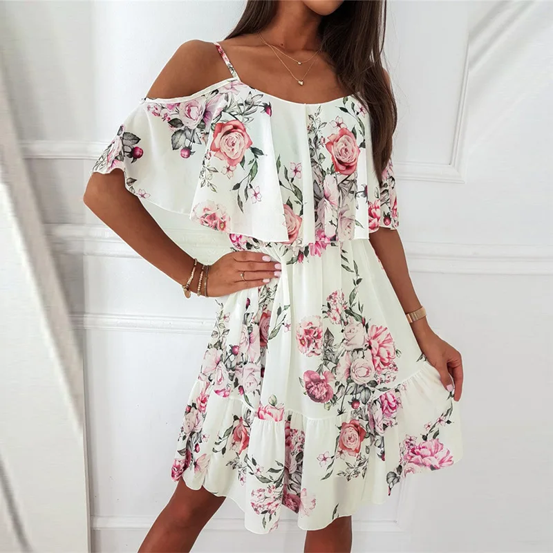 Women's Summer V-Neck Sleeveless Sling Camisole Commuting Printed Chiffon Bohemian Floral Dress For Women