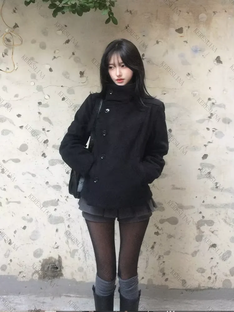Women's Retro Slim Fit Thick Woolen Coat Korean Style High Neck Diagonal Button Design for Autumn Winter Fashion