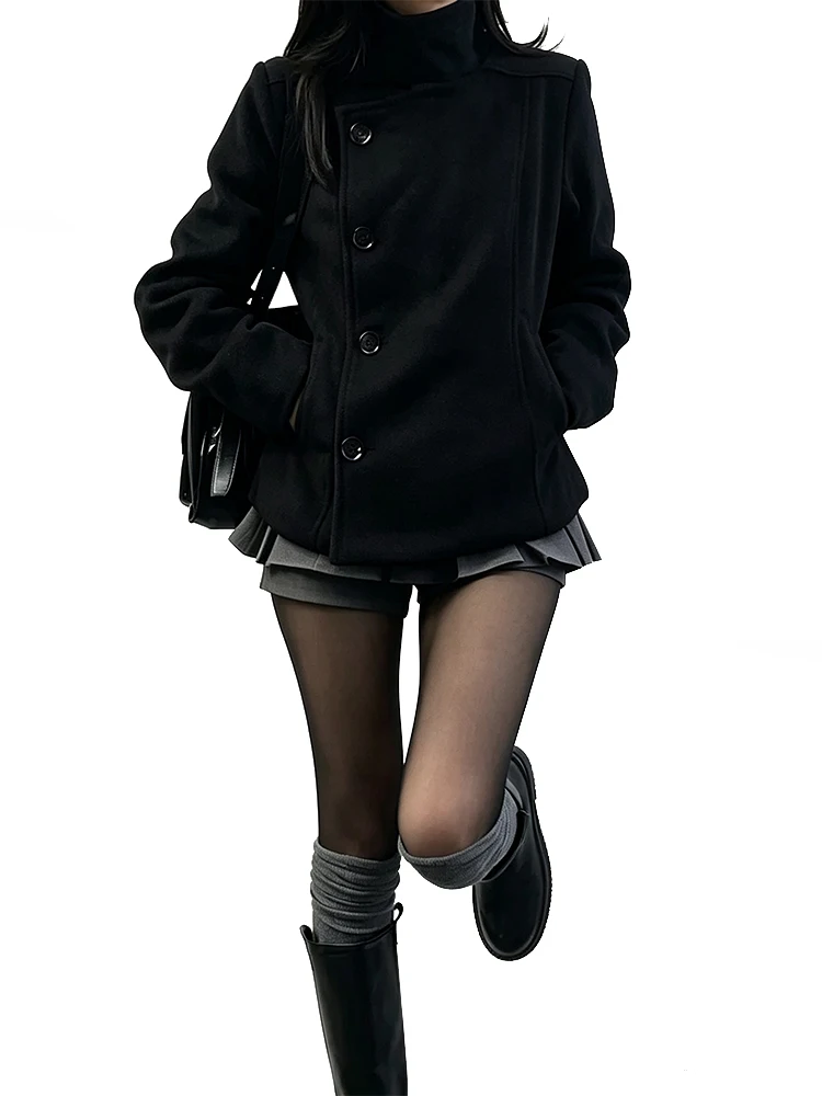 Women's Retro Slim Fit Thick Woolen Coat Korean Style High Neck Diagonal Button Design for Autumn Winter Fashion