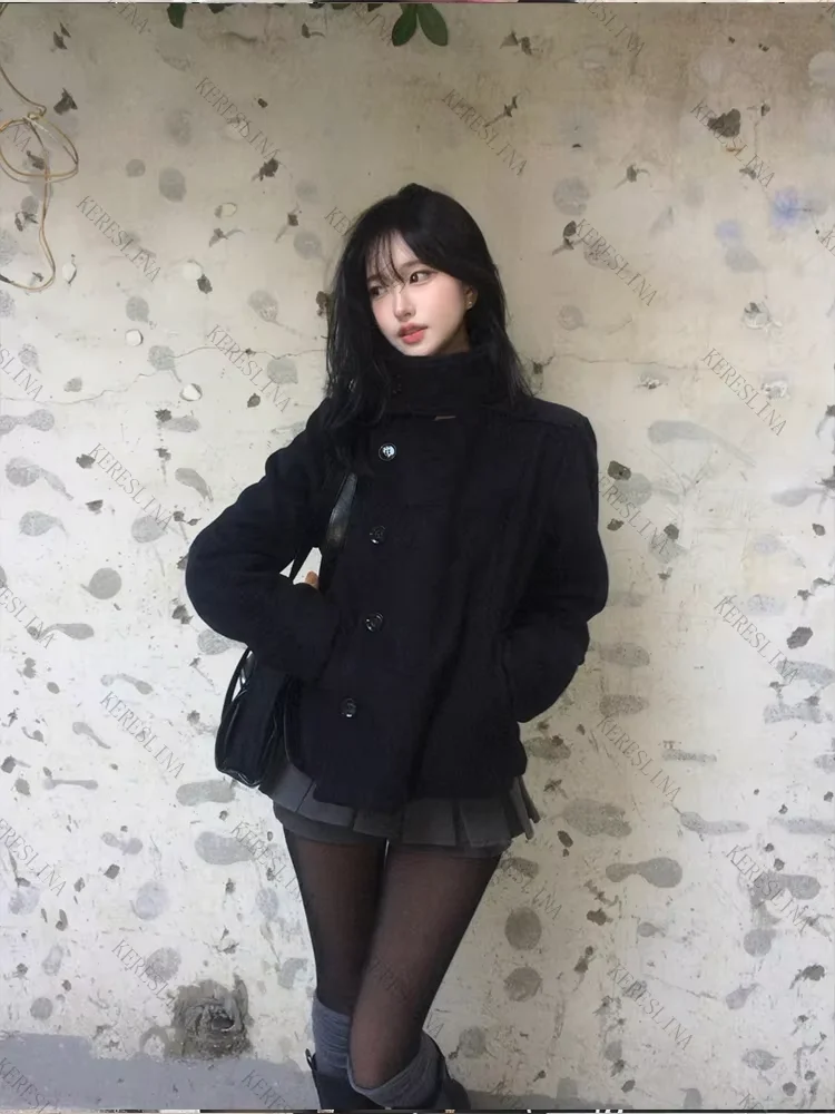 Women's Retro Slim Fit Thick Woolen Coat Korean Style High Neck Diagonal Button Design for Autumn Winter Fashion