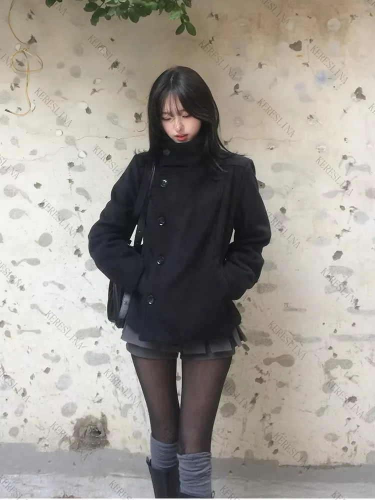 Women's Retro Slim Fit Thick Woolen Coat Korean Style High Neck Diagonal Button Design for Autumn Winter Fashion
