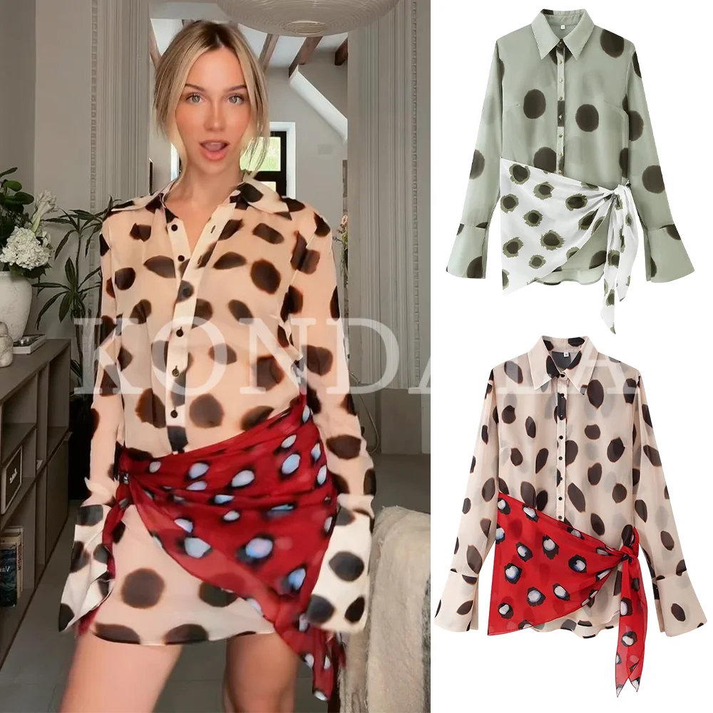 KONDALA Women Summer Beach Party Mini Dress Printed Shirt Style See-through Dress 2026 Trendy Leisure Gathering Chic Y2K Dresses