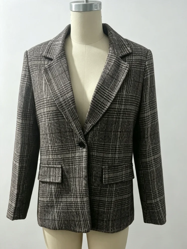 Women Vintage Plaid Blazer Oversized Notched Lapel Long Sleeve Thick Wool Blend Suit Jacket Autumn Winter Office Daily Outerwear