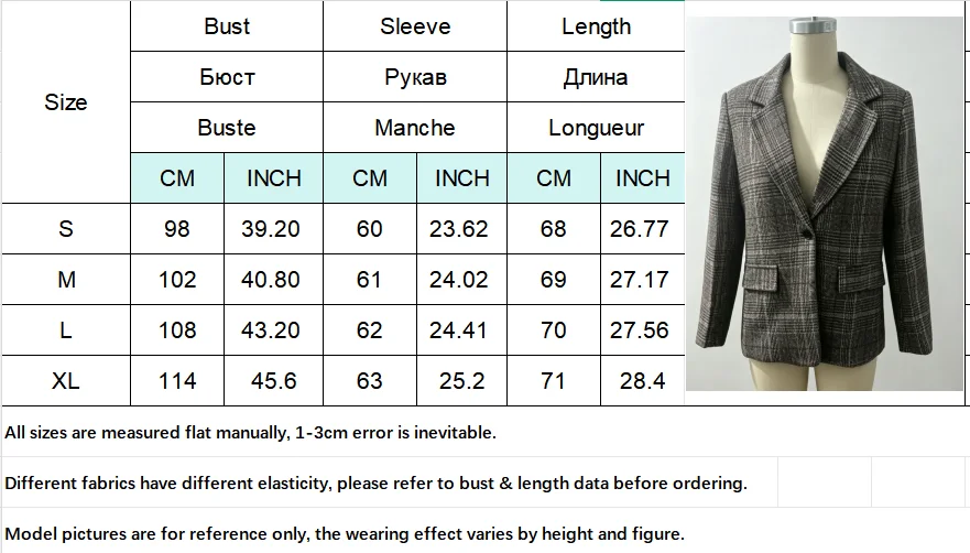 Women Vintage Plaid Blazer Oversized Notched Lapel Long Sleeve Thick Wool Blend Suit Jacket Autumn Winter Office Daily Outerwear