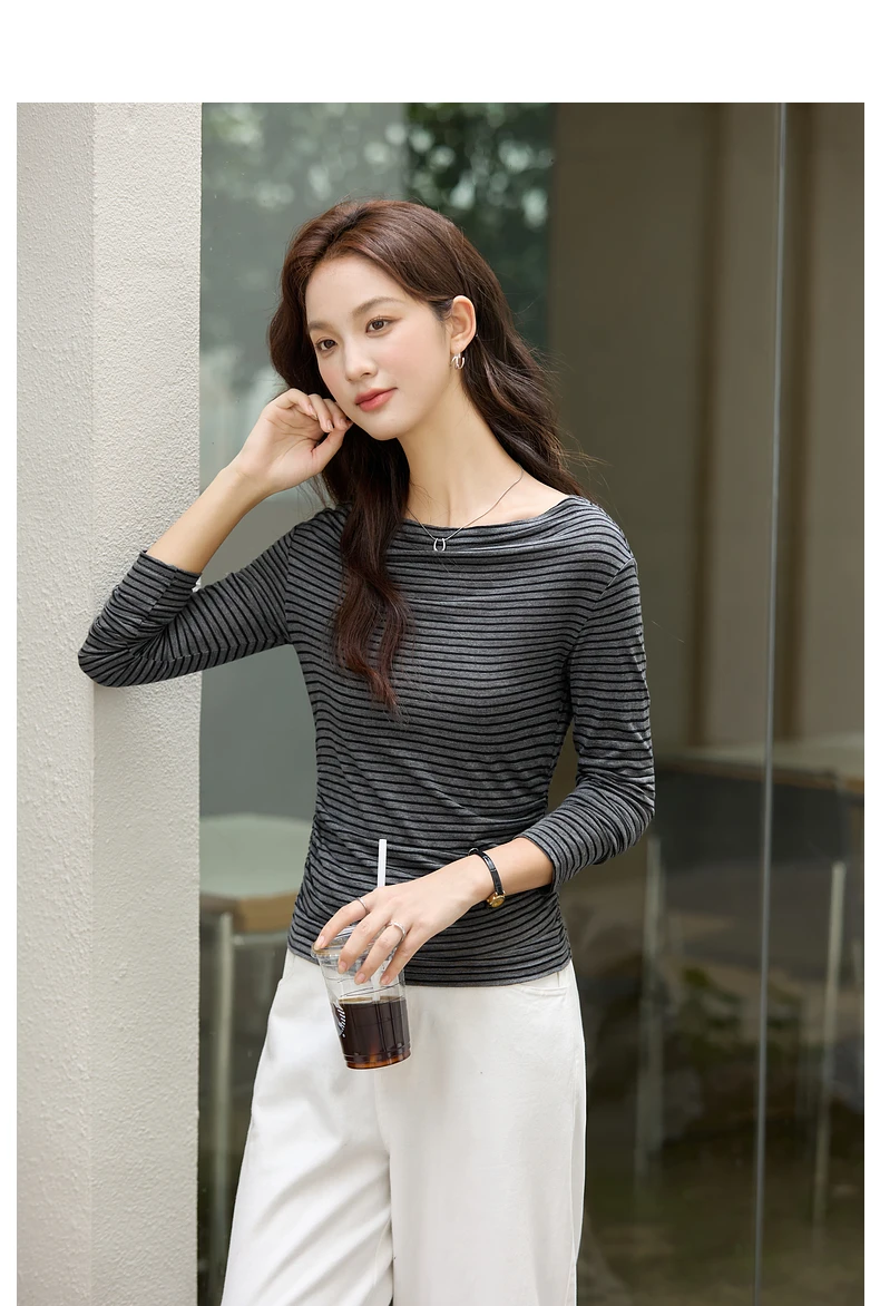 VIMLY Vintage Stripe T-shirt Women 2026 Autumn Casual Slash Neck Tops Ladies Long Sleeve Slim Fit Office Wear Female Tees A3039