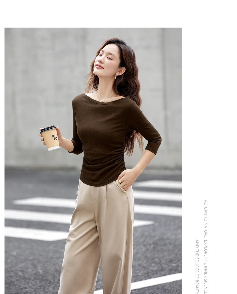 VIMLY Vintage Stripe T-shirt Women 2026 Autumn Casual Slash Neck Tops Ladies Long Sleeve Slim Fit Office Wear Female Tees A3039