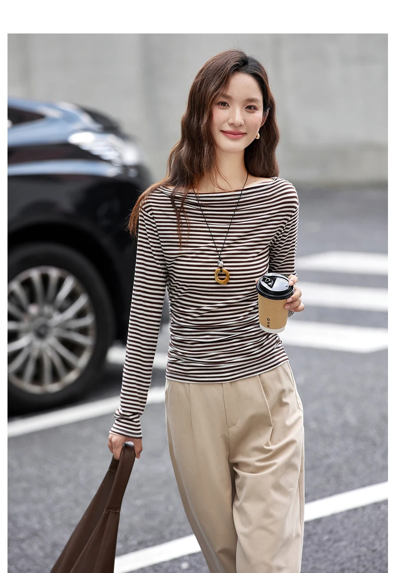 VIMLY Vintage Stripe T-shirt Women 2026 Autumn Casual Slash Neck Tops Ladies Long Sleeve Slim Fit Office Wear Female Tees A3039