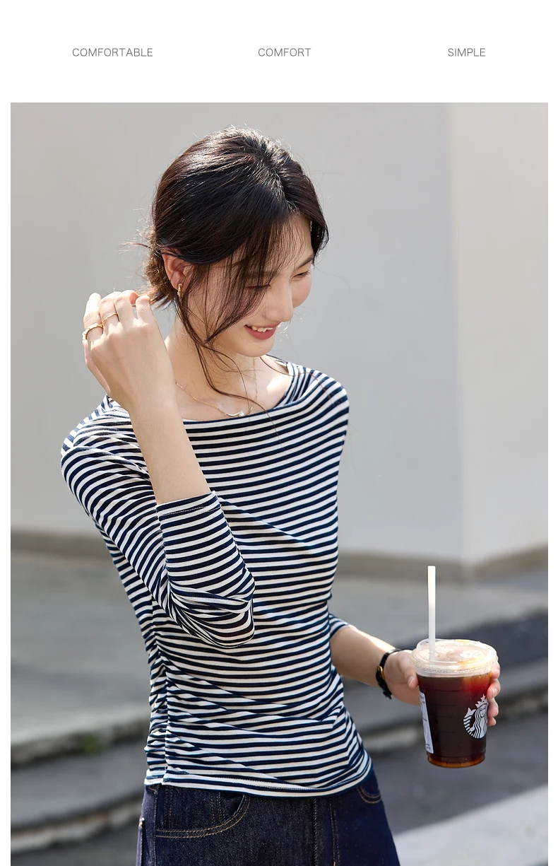 VIMLY Vintage Stripe T-shirt Women 2026 Autumn Casual Slash Neck Tops Ladies Long Sleeve Slim Fit Office Wear Female Tees A3039