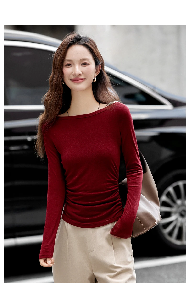 VIMLY Vintage Stripe T-shirt Women 2026 Autumn Casual Slash Neck Tops Ladies Long Sleeve Slim Fit Office Wear Female Tees A3039