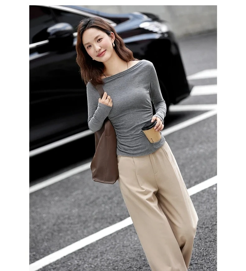 VIMLY Vintage Stripe T-shirt Women 2026 Autumn Casual Slash Neck Tops Ladies Long Sleeve Slim Fit Office Wear Female Tees A3039