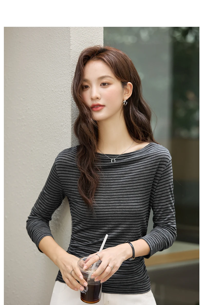 VIMLY Vintage Stripe T-shirt Women 2026 Autumn Casual Slash Neck Tops Ladies Long Sleeve Slim Fit Office Wear Female Tees A3039