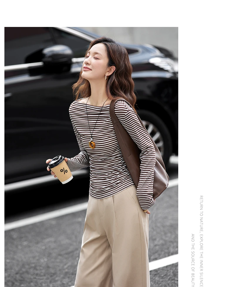 VIMLY Vintage Stripe T-shirt Women 2026 Autumn Casual Slash Neck Tops Ladies Long Sleeve Slim Fit Office Wear Female Tees A3039