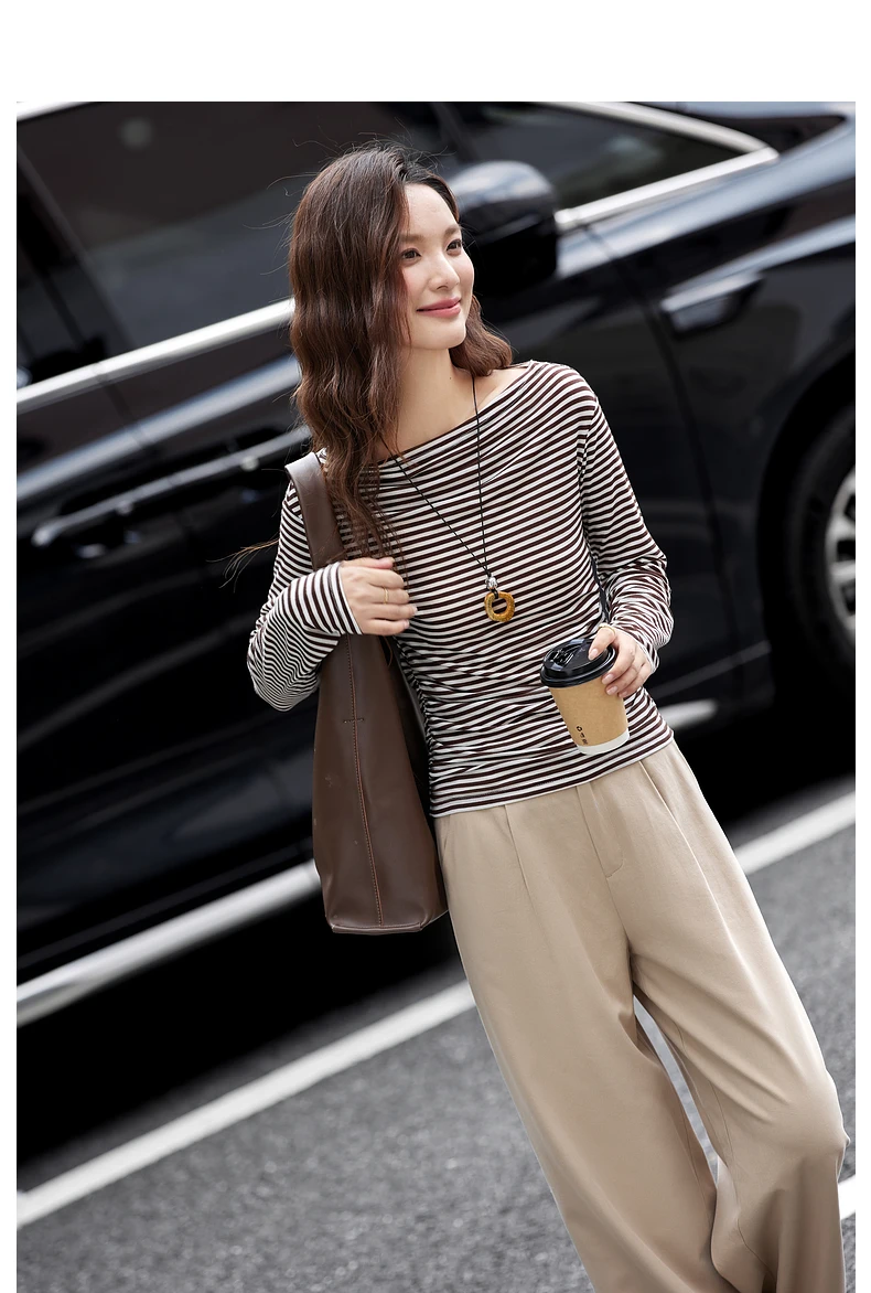 VIMLY Vintage Stripe T-shirt Women 2026 Autumn Casual Slash Neck Tops Ladies Long Sleeve Slim Fit Office Wear Female Tees A3039