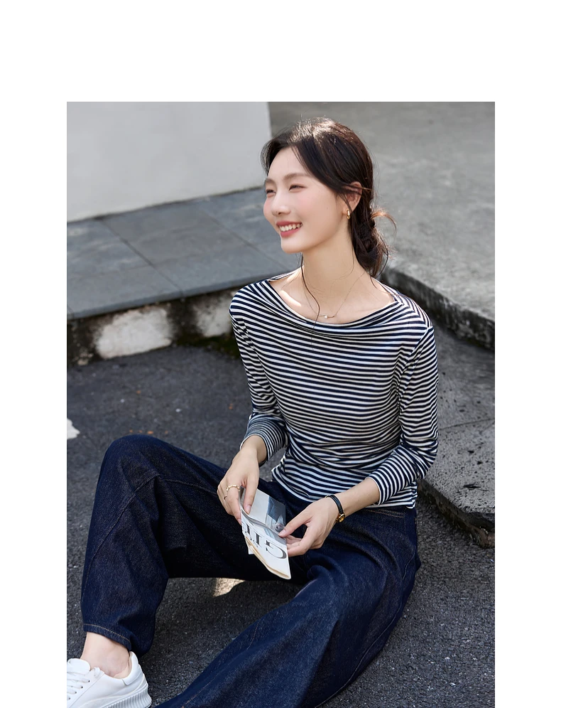 VIMLY Vintage Stripe T-shirt Women 2026 Autumn Casual Slash Neck Tops Ladies Long Sleeve Slim Fit Office Wear Female Tees A3039