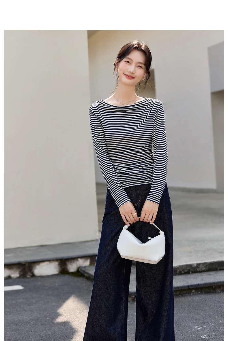 VIMLY Vintage Stripe T-shirt Women 2026 Autumn Casual Slash Neck Tops Ladies Long Sleeve Slim Fit Office Wear Female Tees A3039