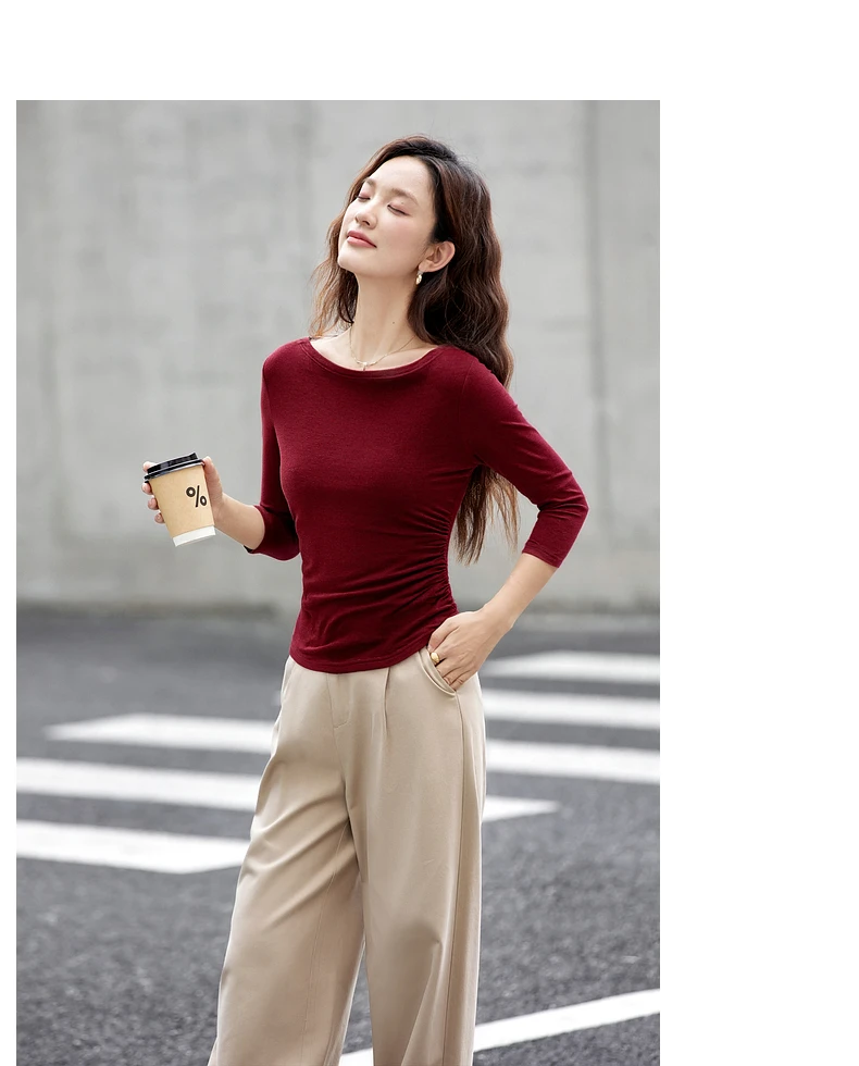 VIMLY Vintage Stripe T-shirt Women 2026 Autumn Casual Slash Neck Tops Ladies Long Sleeve Slim Fit Office Wear Female Tees A3039