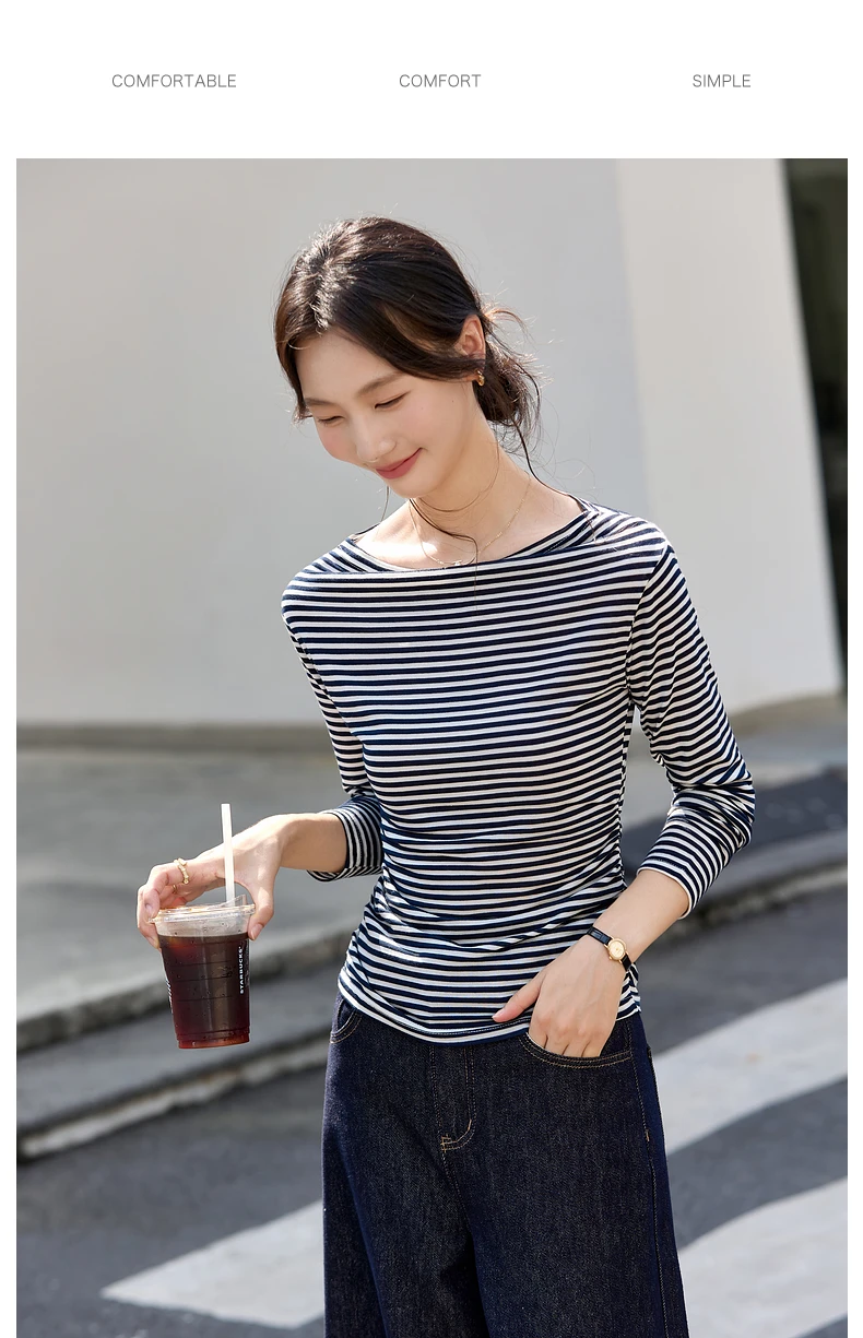 VIMLY Vintage Stripe T-shirt Women 2026 Autumn Casual Slash Neck Tops Ladies Long Sleeve Slim Fit Office Wear Female Tees A3039