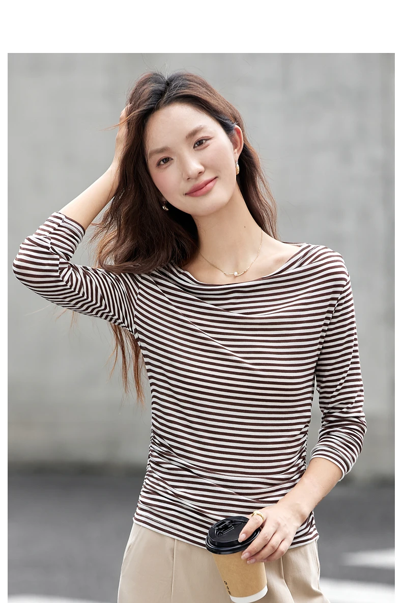 VIMLY Vintage Stripe T-shirt Women 2026 Autumn Casual Slash Neck Tops Ladies Long Sleeve Slim Fit Office Wear Female Tees A3039