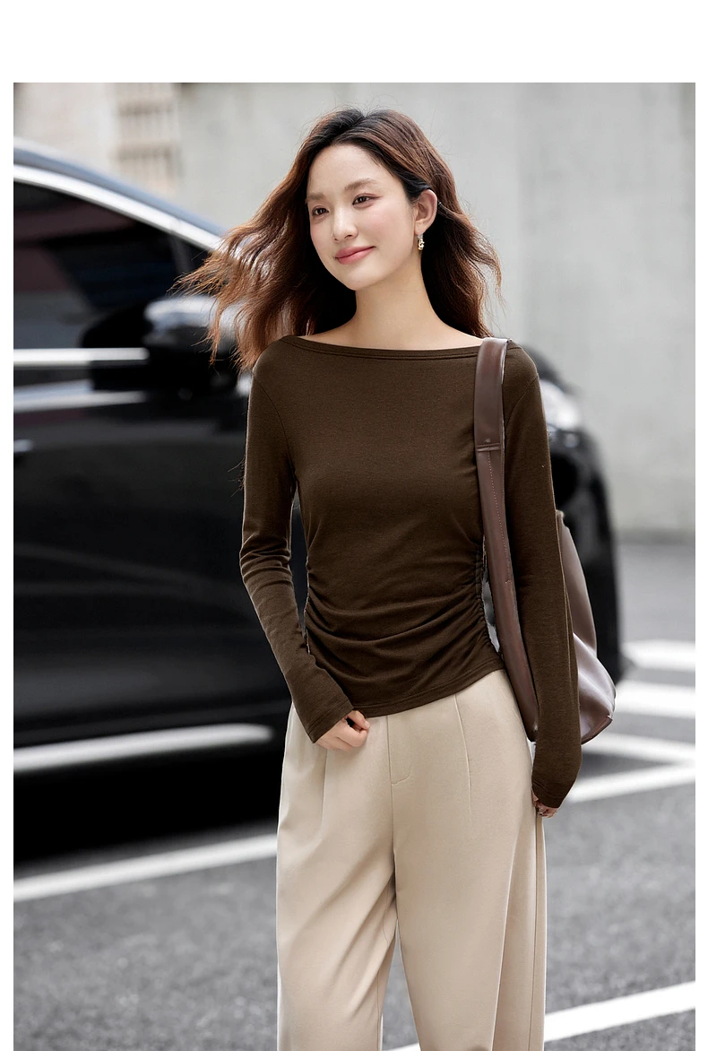 VIMLY Vintage Stripe T-shirt Women 2026 Autumn Casual Slash Neck Tops Ladies Long Sleeve Slim Fit Office Wear Female Tees A3039