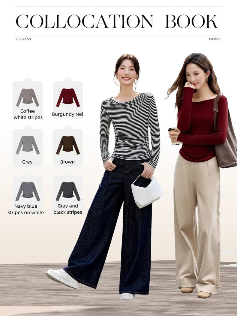 VIMLY Vintage Stripe T-shirt Women 2026 Autumn Casual Slash Neck Tops Ladies Long Sleeve Slim Fit Office Wear Female Tees A3039