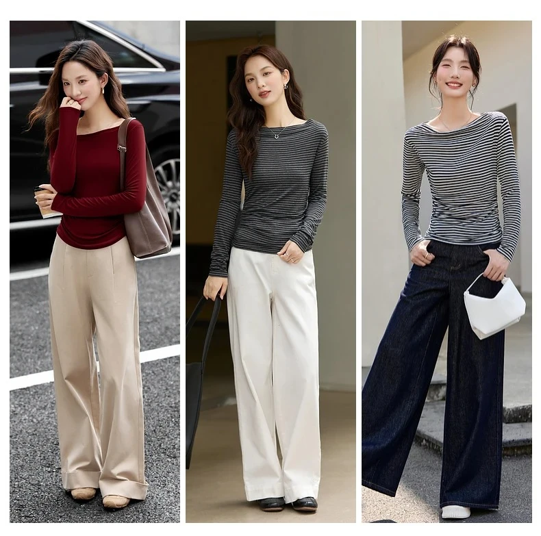 VIMLY Vintage Stripe T-shirt Women 2026 Autumn Casual Slash Neck Tops Ladies Long Sleeve Slim Fit Office Wear Female Tees A3039