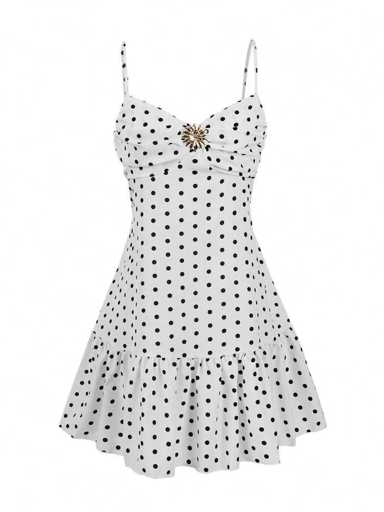 2026 Summer New Women's Polka Dot Mini Dress, Sexy Spaghetti Strap Ruffle Hem Cami Dress, Vacation Beach Party Dress