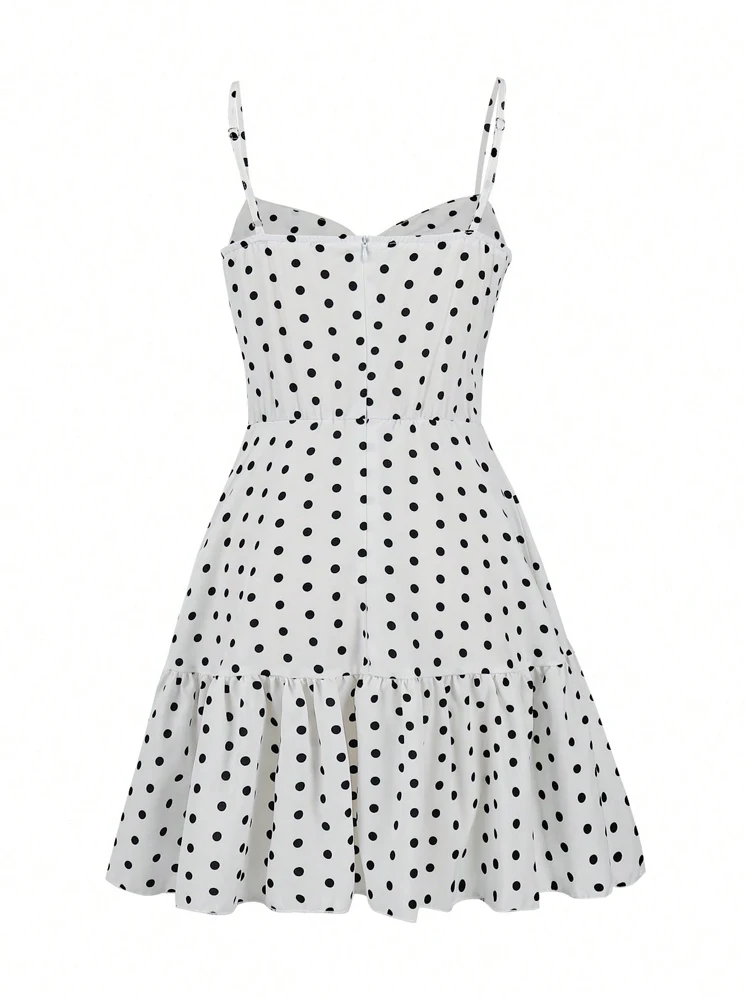2026 Summer New Women's Polka Dot Mini Dress, Sexy Spaghetti Strap Ruffle Hem Cami Dress, Vacation Beach Party Dress