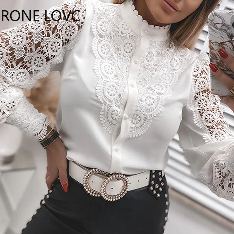 Shirts Elegant Office Ladies White Collared Lace Patchwork Hollow Out Button Up Womens Tops And Blouses 2024 Fashion New Blouse