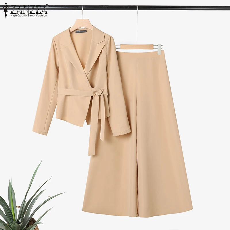 ZANZEA Women Elegant 2 Pieces Pant Sets Lightweight Long Sleeve Belted Blazer & Wide Leg Pant 2pcs Suits Office Commuting Sets