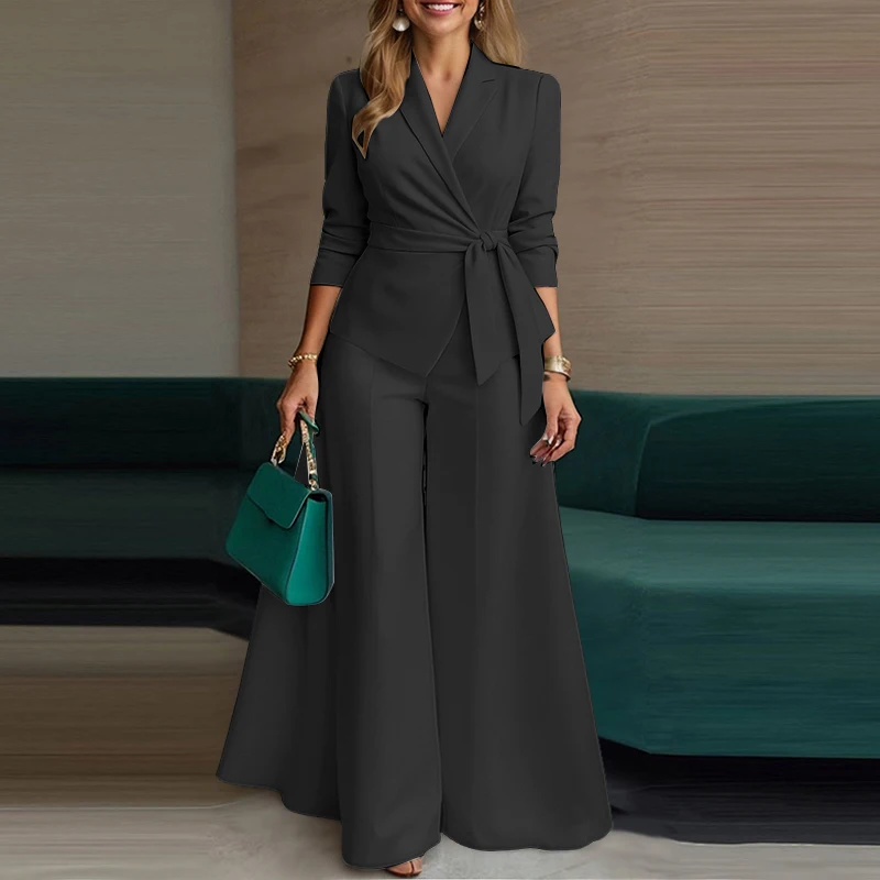 ZANZEA Women Elegant 2 Pieces Pant Sets Lightweight Long Sleeve Belted Blazer & Wide Leg Pant 2pcs Suits Office Commuting Sets