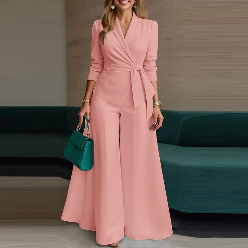 ZANZEA Women Elegant 2 Pieces Pant Sets Lightweight Long Sleeve Belted Blazer & Wide Leg Pant 2pcs Suits Office Commuting Sets